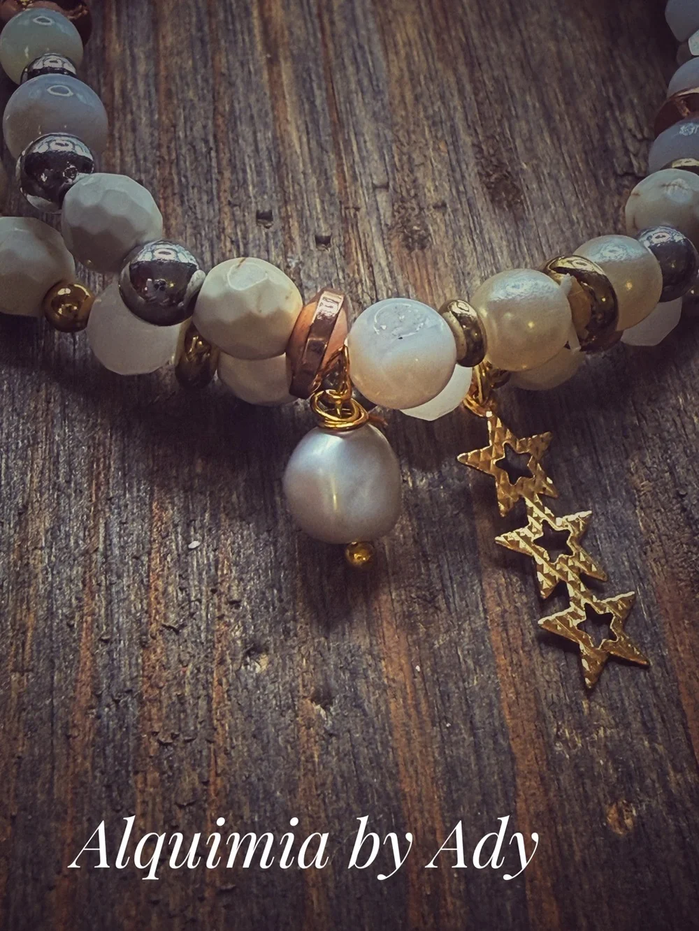 Agates and cream turquoise Neutral Beaded Wrap Bracelet with Gold Star Charm